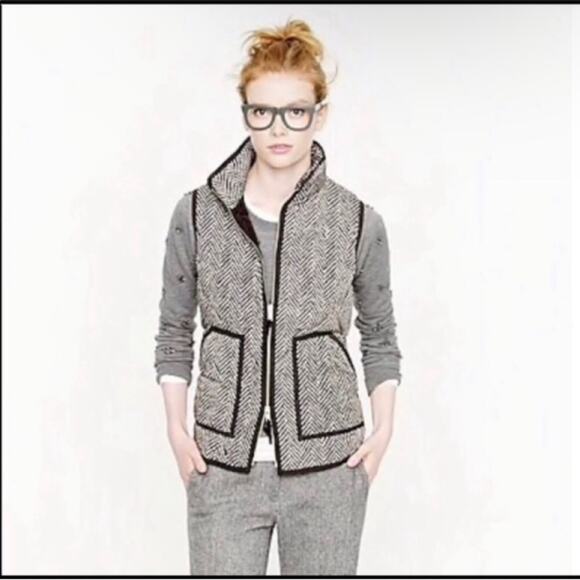 J. Crew Tan & Black Down Excursion Herringbone Quilted Full Zip Vest Size Small - Picture 10 of 13